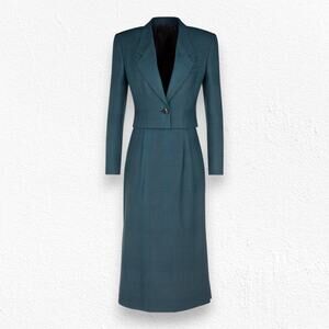 Vintage 80s Green Navy Houndstooth Retro Officecore Power Skirt Suit Set Size 4